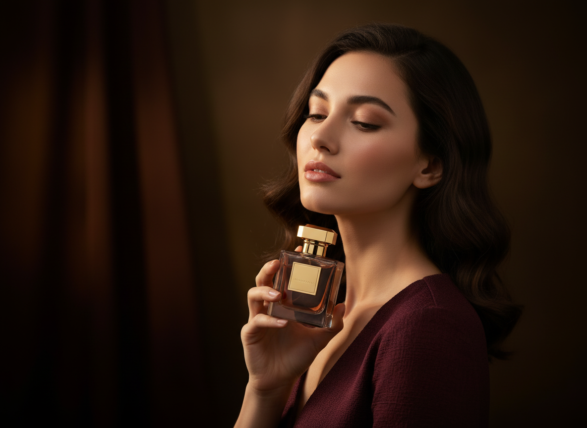 Chica mostrando un frasco de perfume de mujer